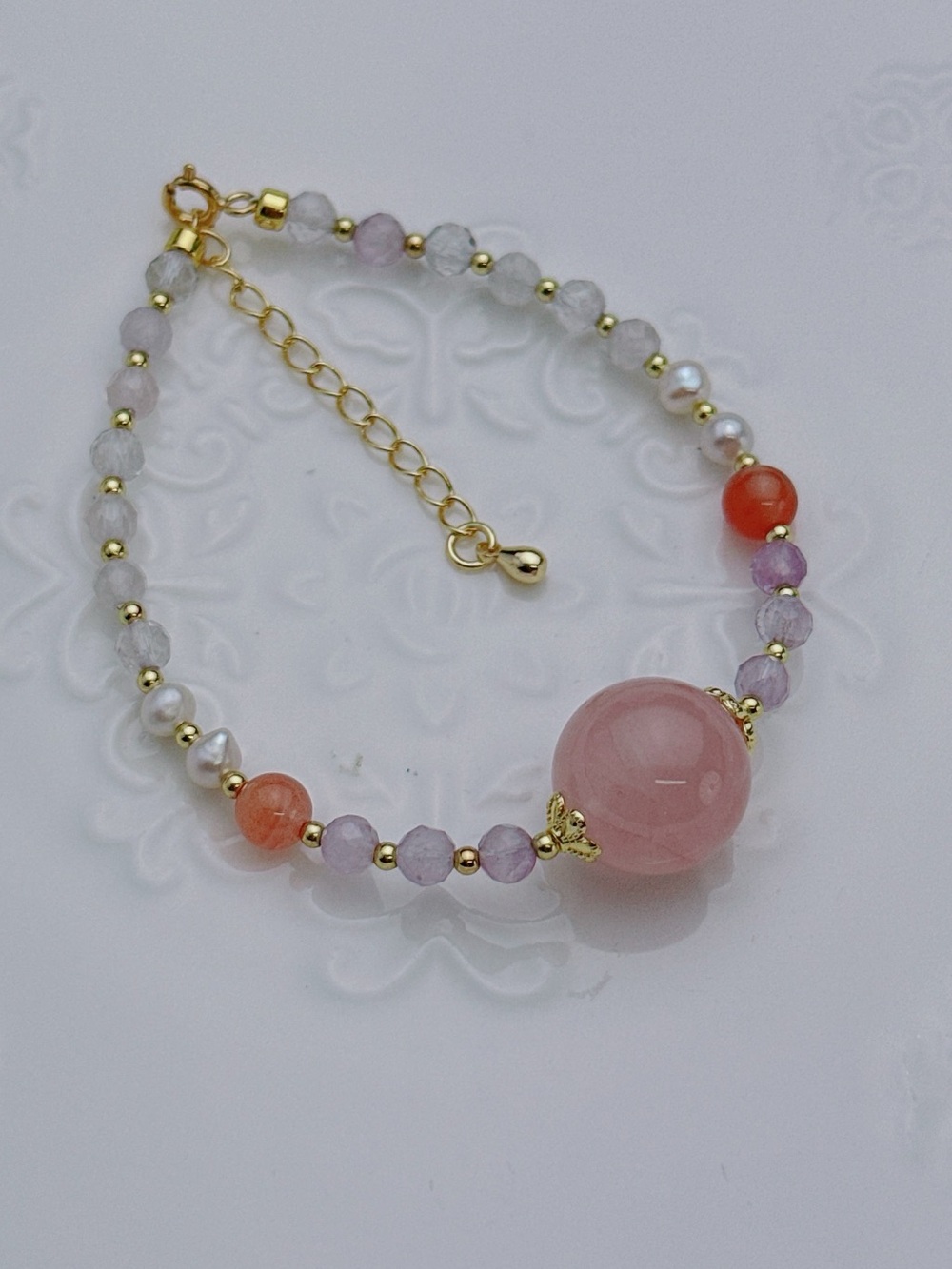 Handmade Rose Quartz Amethyst Freshwater Pearl Bracelet 6+2” GB93
